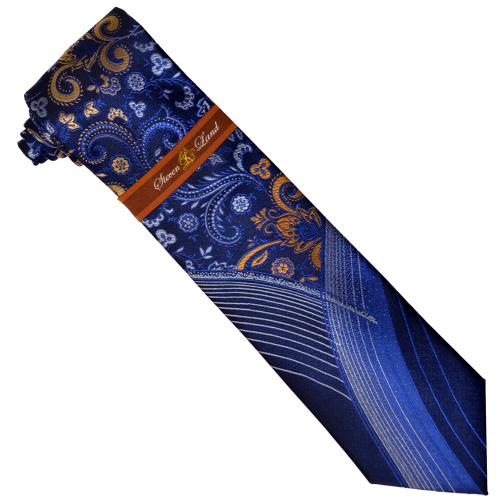 Steven Land Collection W666 Navy Blue / Royal Blue / Silver Grey / Gold Paisley Design 100% Woven Silk Necktie / Hanky Set